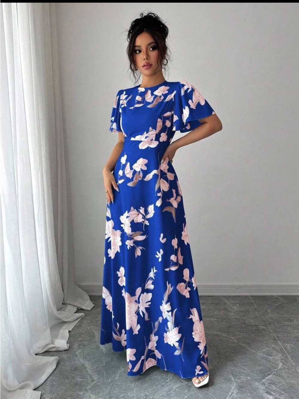 SHEIN Royal Blue Maxi Dress with Pink Floral Print